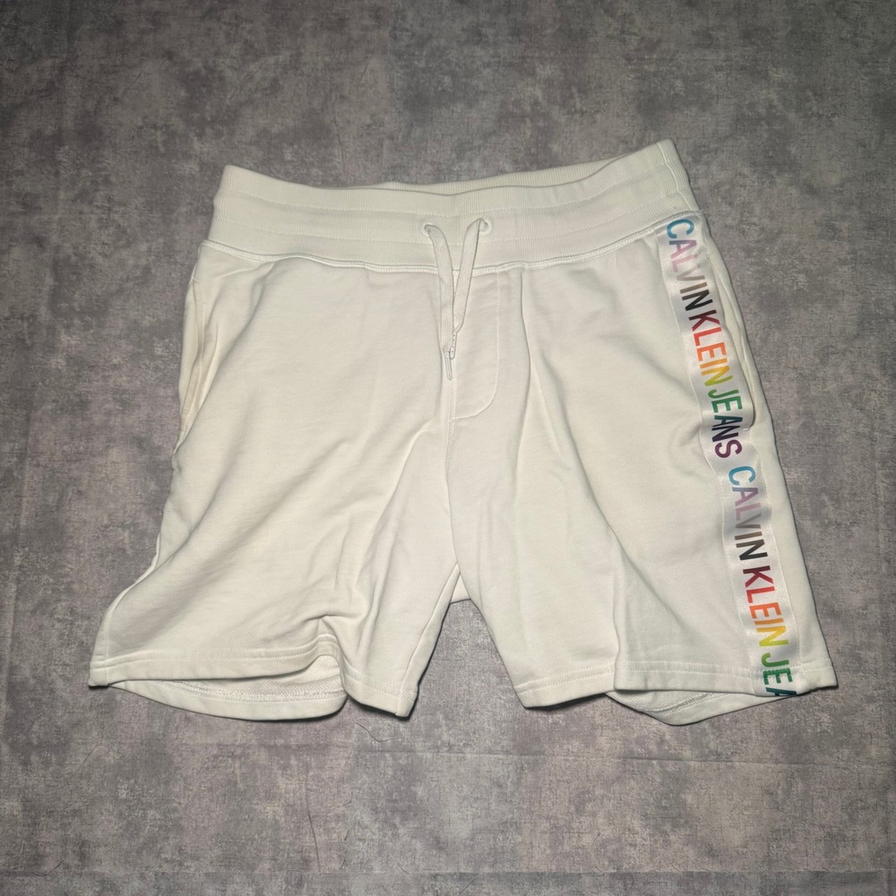 Calvin Klein Jeans Pride Rainbow Logo Tape Sweat Shorts White Mens Medium